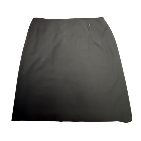 Vintage Chanel 1999 Black Wool Skirt CC Logo Waist Classic Midi Pencil 34 ITALY - Picture 1 of 9